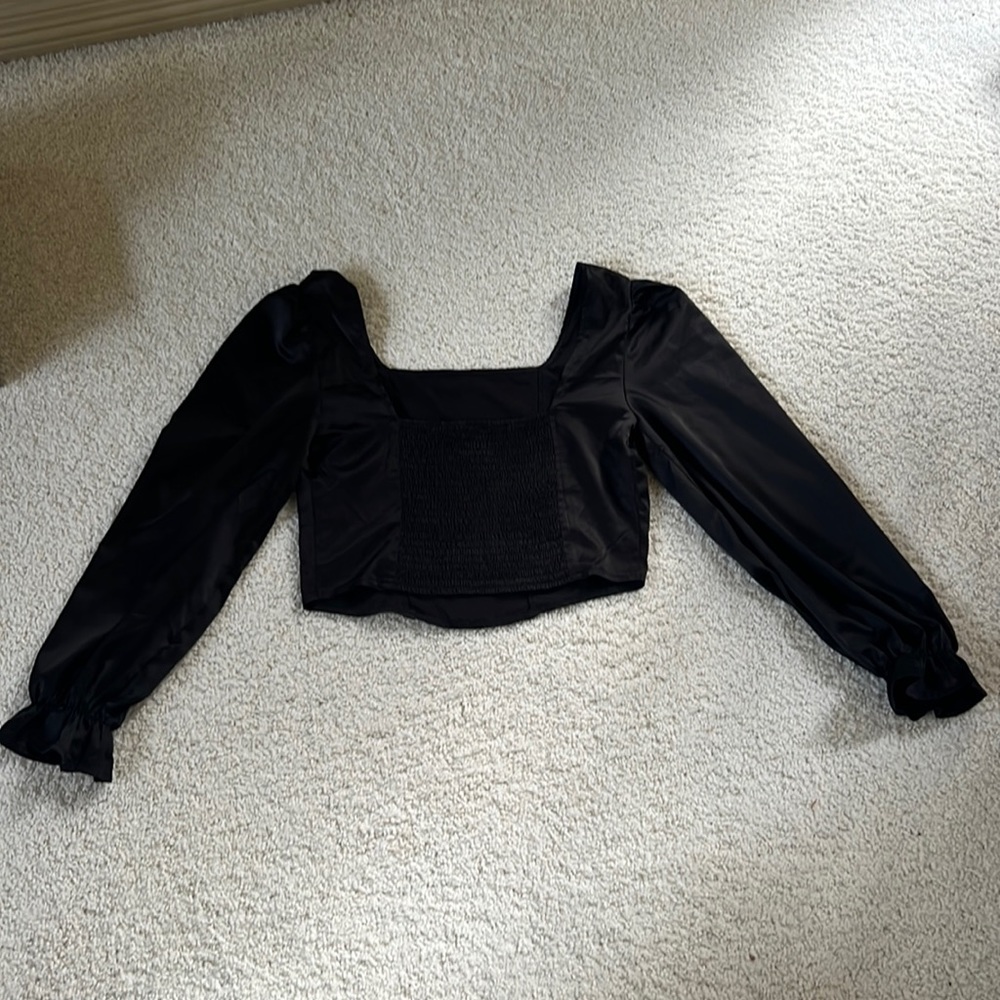 Silky smooth black, long sleeved crop shirt, square neck, perfect low cut